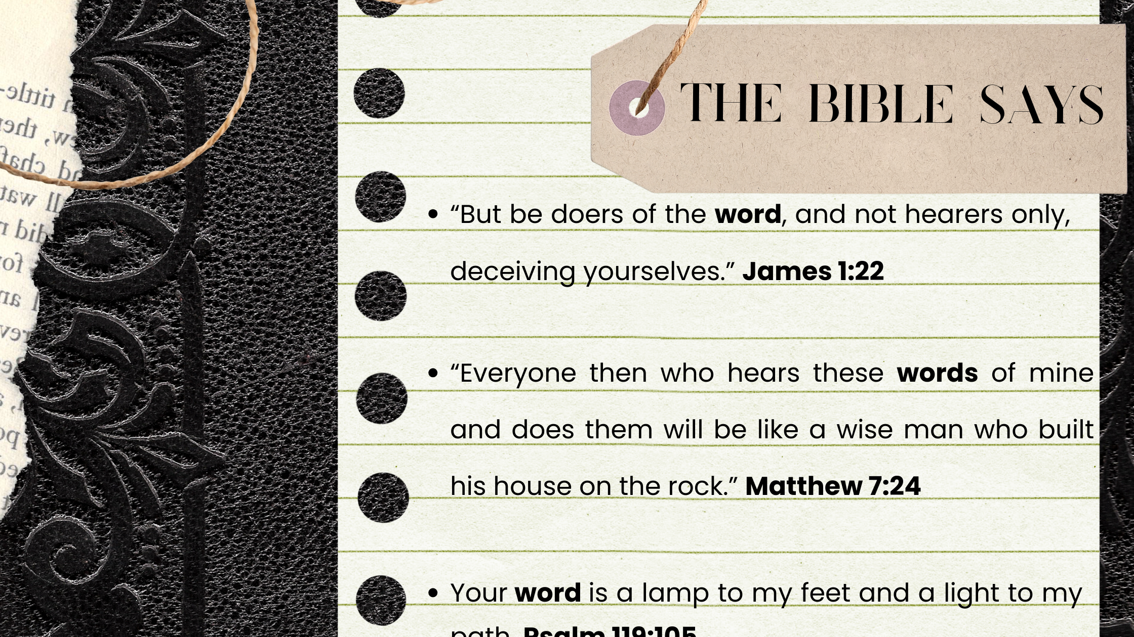 Black leather book with notebook page and Bible verses — faith-inspired content for Christian jewelry brand